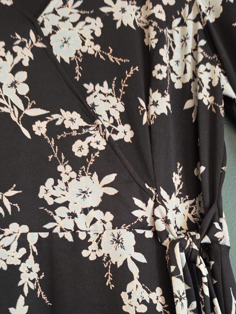 Floral Wrap Dress with Bell Sleeves - Black & Cream/Soft Blue - Picture 4 of 5